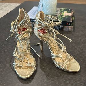SAM EDELMAN gold neutral, snake print, STRAPPY heeled sandals size 6 EUC